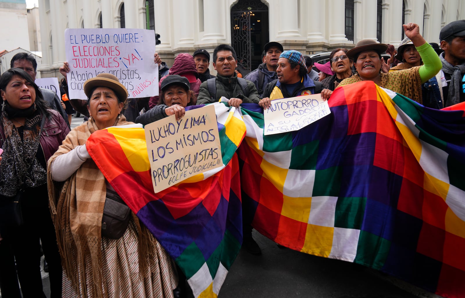 FILE - Supporters of former President Evo Morales protest the extension of the mandate for elected judges, who ruled against Morales' re-election and demand new judicial elections, in La Paz, Bolivia, Jan. 29, 2024. (AP Photo/Juan Karita, File)