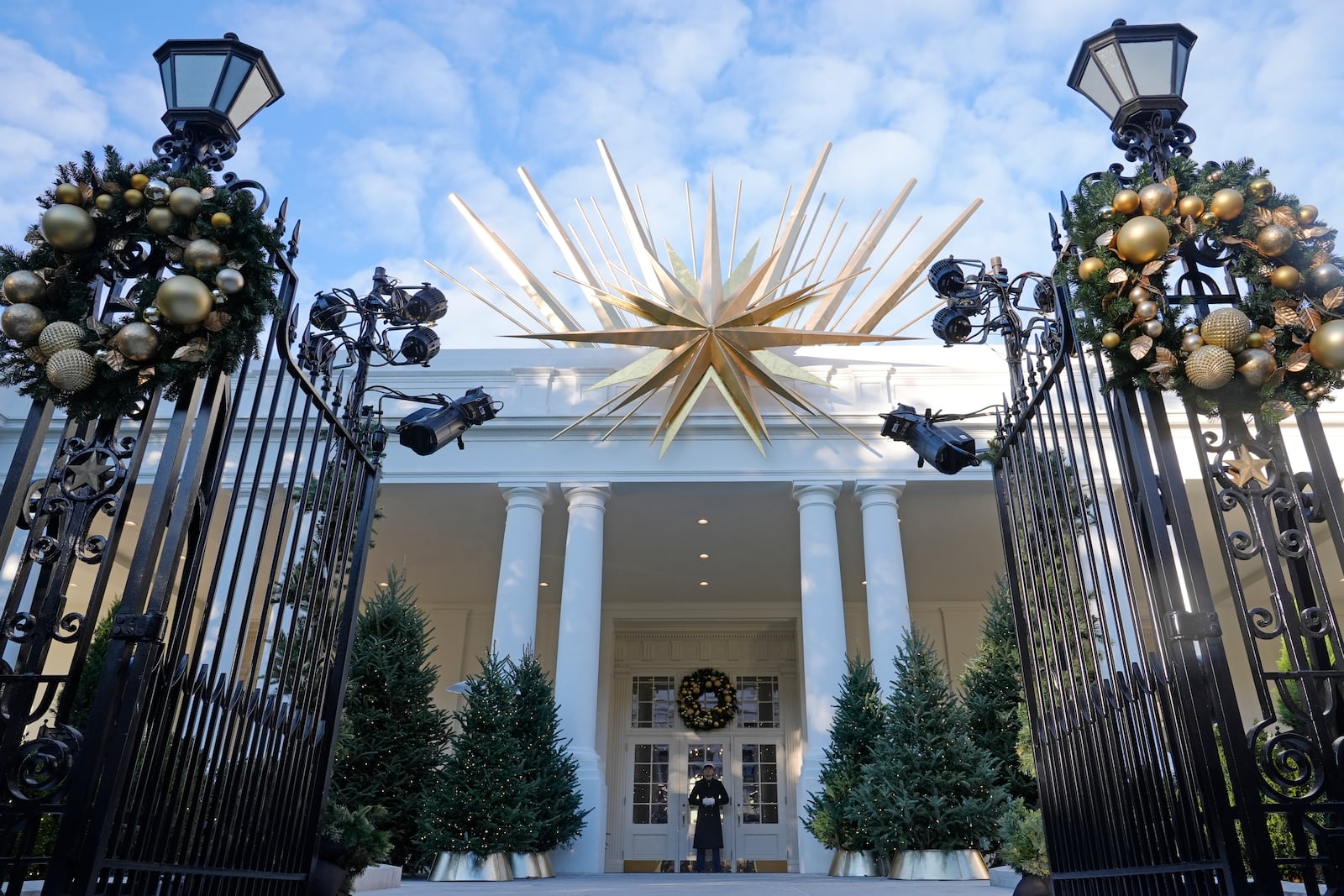 The East entrance of the White House in Washington, is decorated for the holidays, Monday, Dec. 2, 2024. (AP Photo/Susan Walsh)