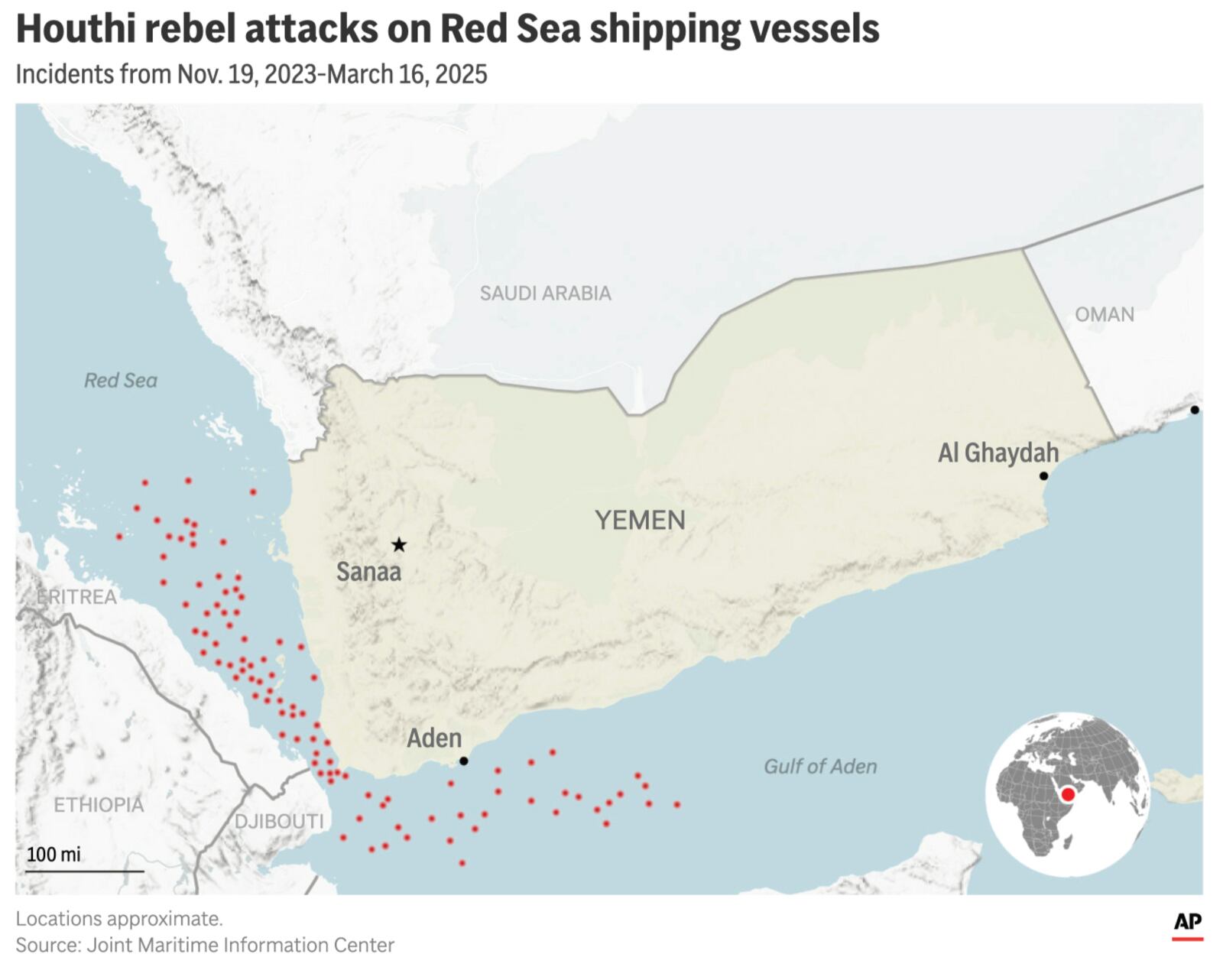 Where Houthi rebels operating out of Yemen have attacked shipping in the Red Sea and the Gulf of Aden. (AP Digital Embed)