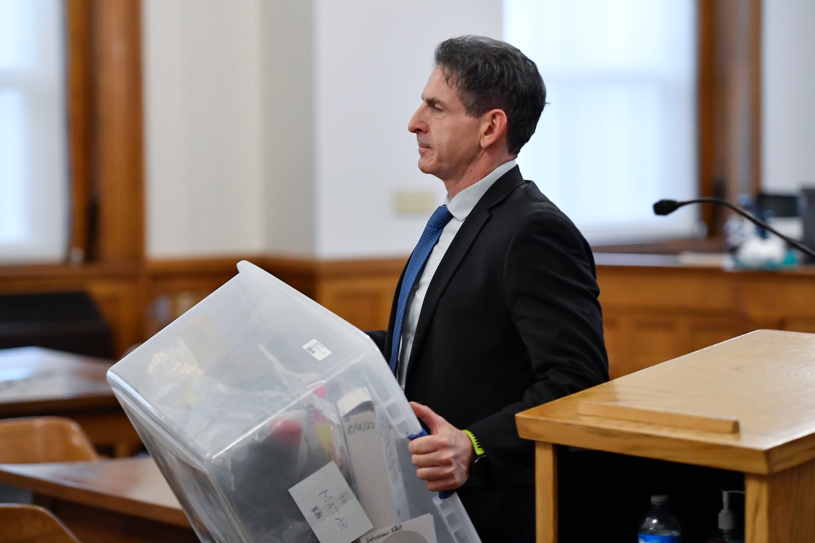 Chautauqua County District Attorney Jason Schmidt walks out of Chautauqua County court in Mayville, N.Y., Monday, Feb. 10, 2025. (AP Photo/Adrian Kraus)