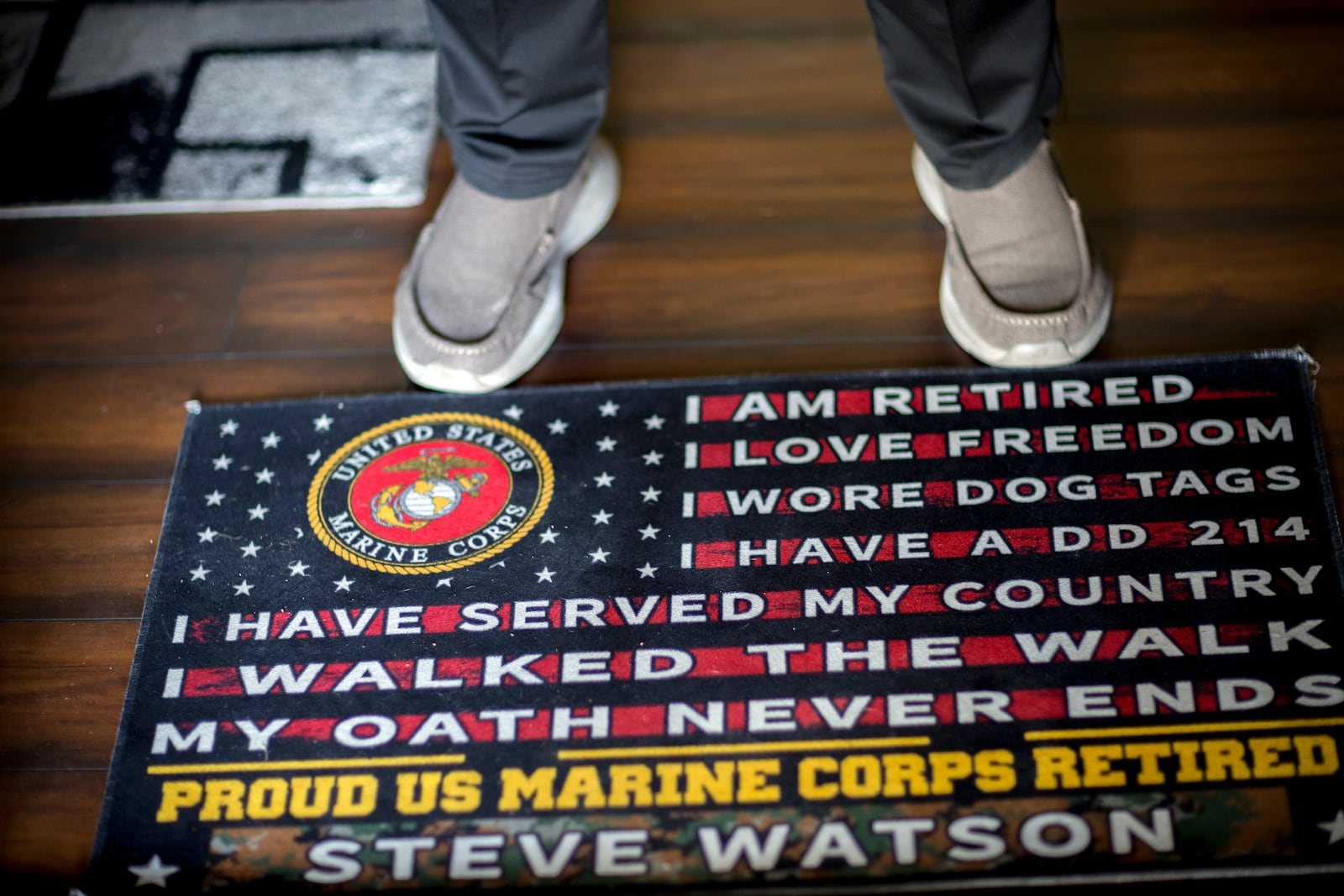 Retired U.S. Marine Stephen Watson stands at his front door of his home, Monday, March 3, 2025, in Jesup, Ga. (Photo/Stephen B. Morton)