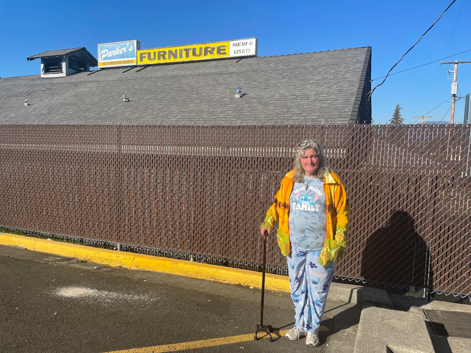 This image provided by the Oregon Law Center shows Janine Harris, a homeless plaintiff in a new lawsuit against the Oregon city of Grants Pass over its homeless camping regulations, in Grants Pass, Ore., on Jan. 29, 2025. (Ali Mayeda/Oregon Law Center via AP)