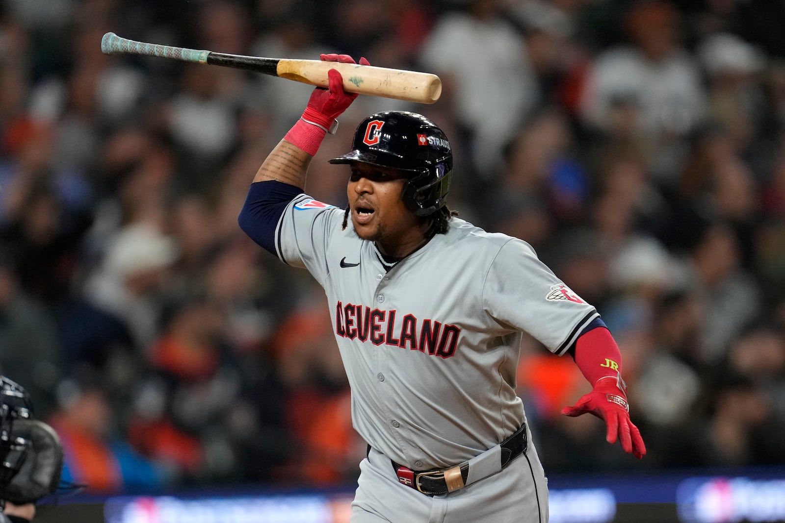 Cleveland Guardians' José Ramírez reacts after hitting a solo home run in the fifth inning during Game 4 of a baseball American League Division Series against the Detroit Tigers, Thursday, Oct. 10, 2024, in Detroit. (AP Photo/Paul Sancya)