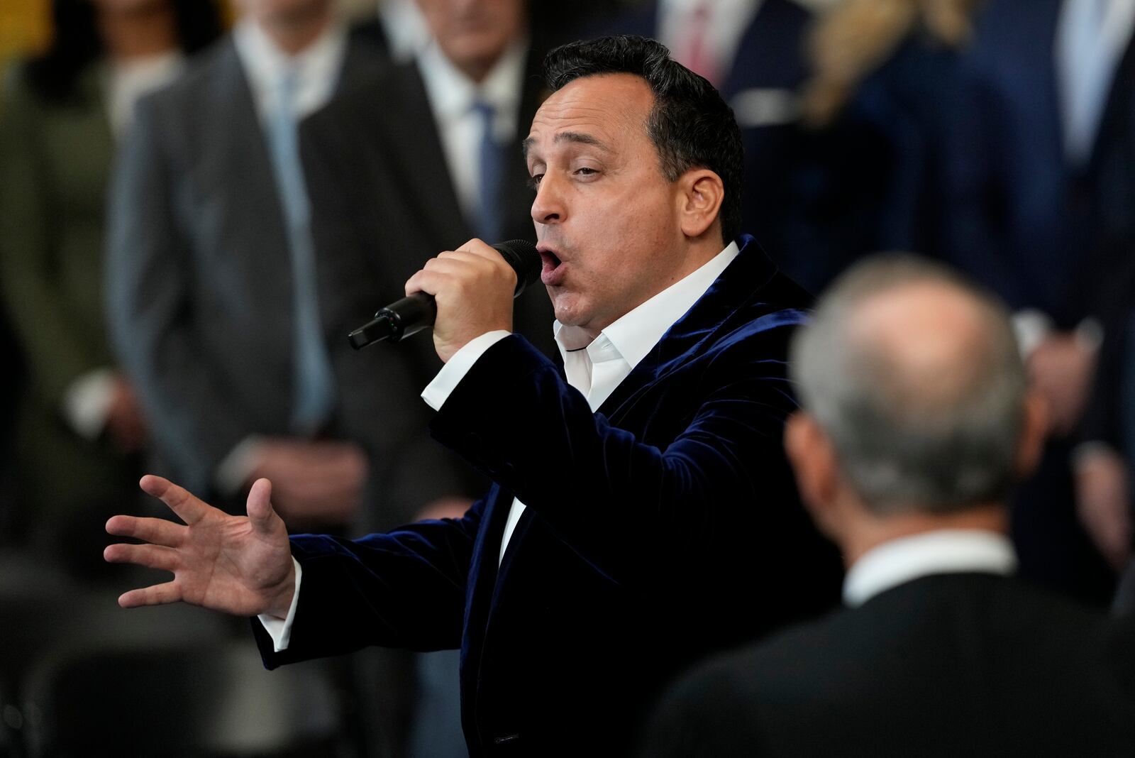 Christopher Maccio sings during the 60th Presidential Inauguration in the Rotunda of the U.S. Capitol in Washington, Monday, Jan. 20, 2025. (AP Photo/Julia Demaree Nikhinson, Pool)