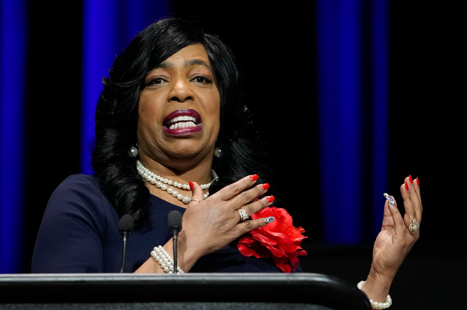 Mon., Mar. 28, 2022; Wilberforce, Ohio, USA; U.S. Senate Democratic candidate Traci "TJ" Johnson delivers her closing statement during Ohio’s U.S. Senate Democratic Primary Debate at Central State University. Mandatory Credit: Joshua A. Bickel/Ohio Debate Commission