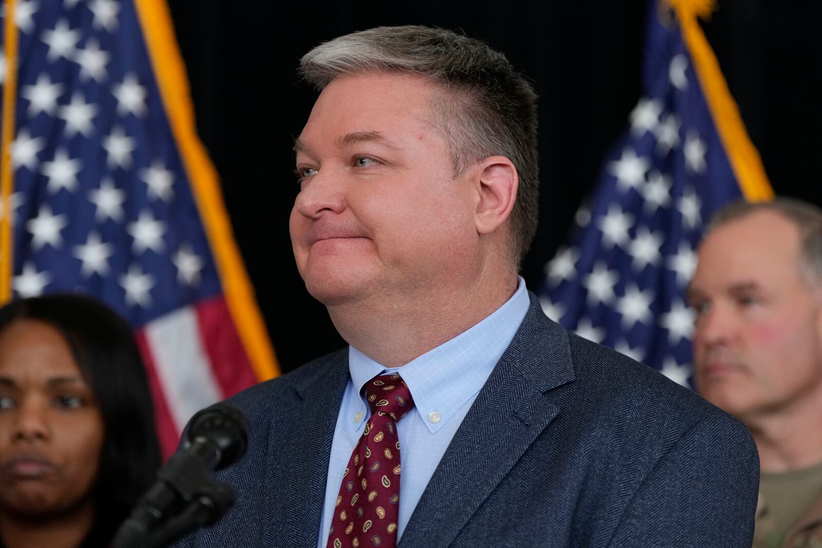 Terry Liercke, vice president and airport manager of Ronald Reagan Washington National Airport, listens during a news conference at Ronald Reagan Washington National Airport, Friday, Jan. 31, 2025, in Arlington, Va. (AP Photo/Alex Brandon)