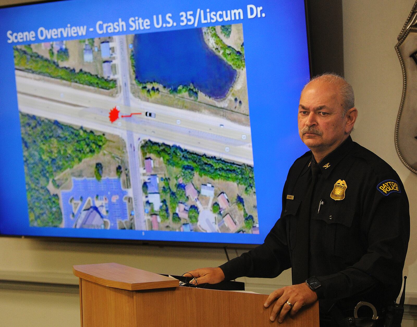 Dayton Police Chief Kamran Afzal, with Trotwood Police Chief Erik Wilson and Montgomery County Sheriff Rob Streck, held a joint press conference, Wednesday, Jan. 10, 2024, at the Dayton Safety Building to provide an update about a pedestrian strike that led to a police pursuit and officer-involved shooting on U.S. 35 in Montgomery County Monday, Jan. 8, 2024. MARSHALL GORBY \STAFF