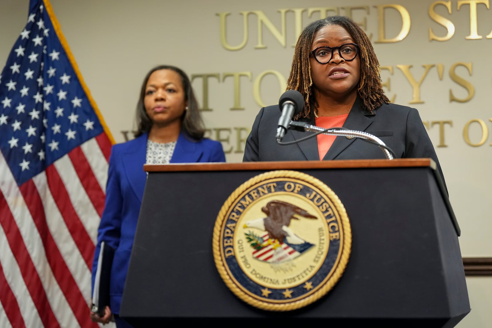 Acting United States Attorney Reagan Fondren for the Western District of Tennessee speaks during a news conference Thursday, Dec. 5, 2024, in Memphis, Tenn. (AP Photo/George Walker IV)