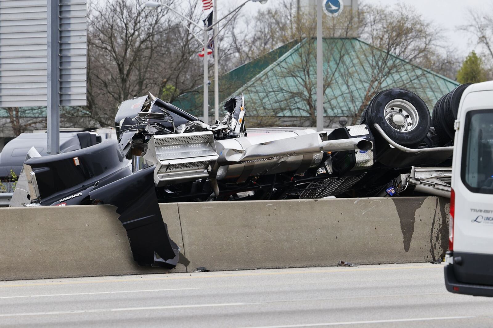 Two semis were involved in a crash on I-75 near the Ohio 129 exit in Butler County on Tues., April 19, 2022. One person died, according to the Ohio State Highway Patrol. NICK GRAHAM/STAFF