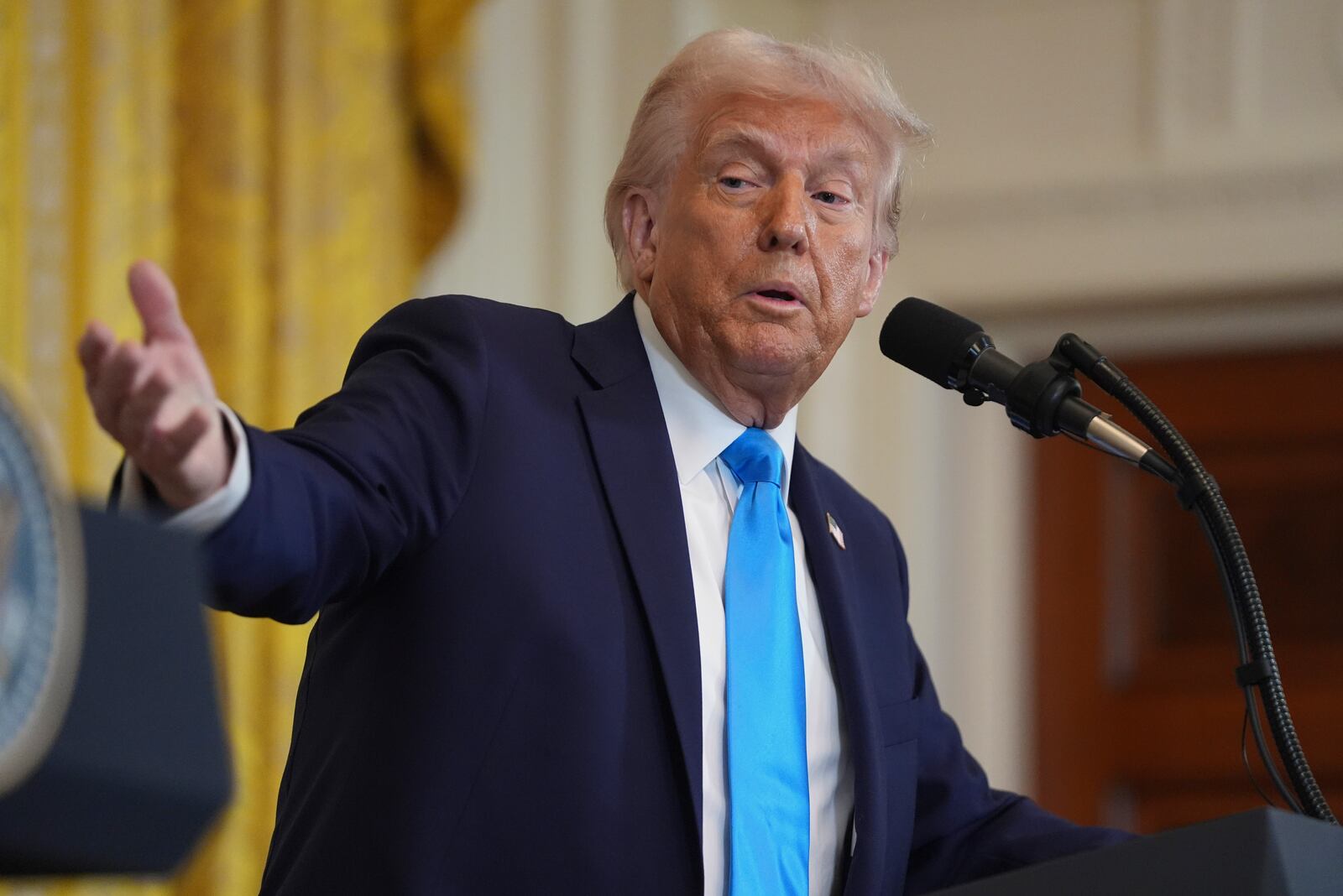 President Donald Trump speaks during a news conference with Israel's Prime Minister Benjamin Netanyahu in the East Room of the White House, Tuesday, Feb. 4, 2025, in Washington. (AP Photo/Evan Vucci)