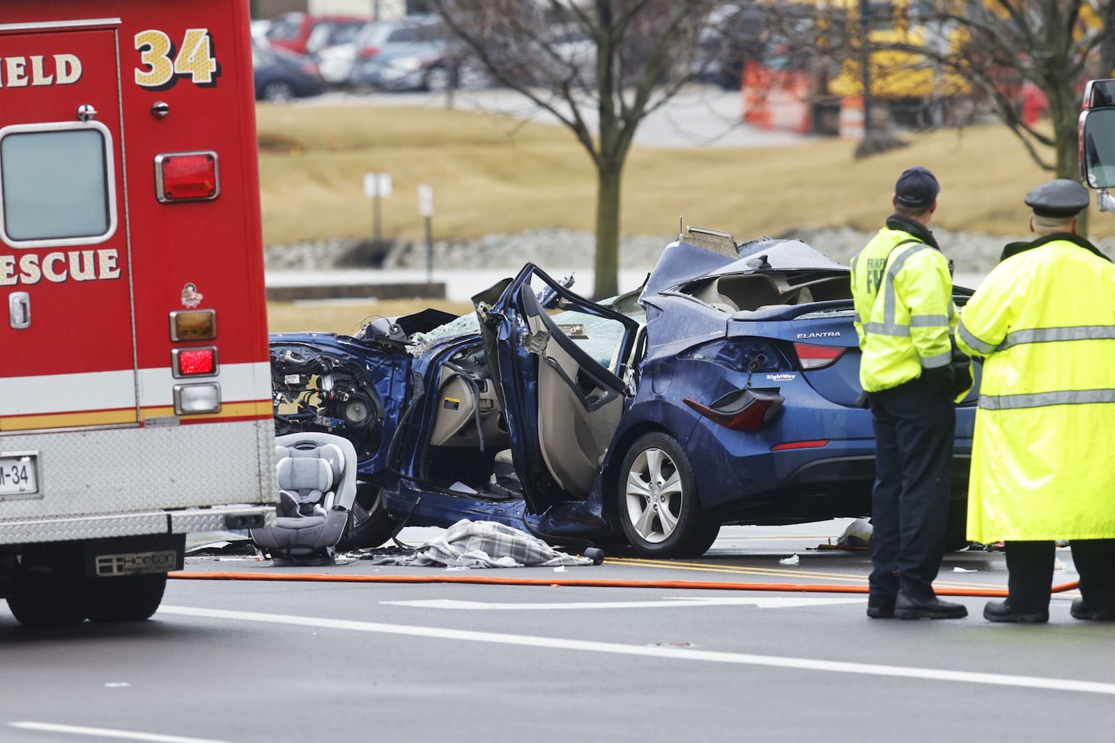 A crash involving a semi and a vehicle on eastbound Union Center Boulevard between Seward Road and Iwata Drive on Thursday morning, Feb. 16, 2023. NICK GRAHAM/STAFF