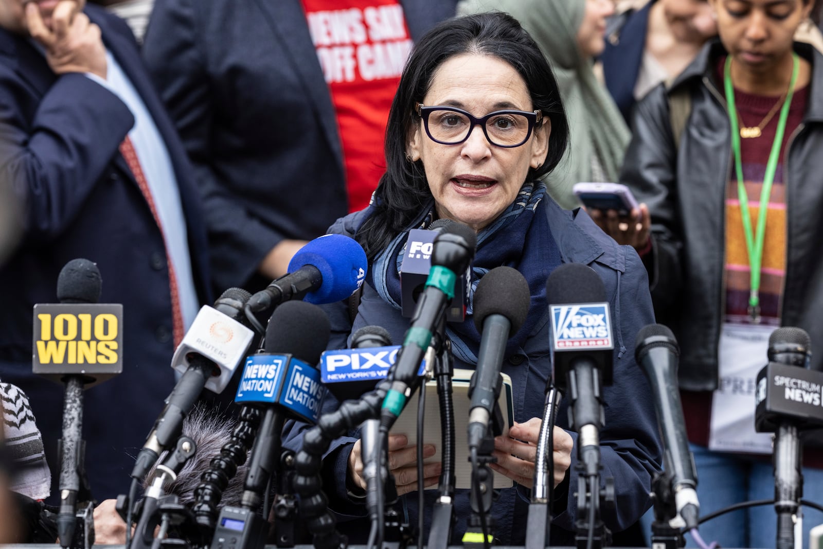 Nadia Abu El Haj, an Anthropologist at Barnard College and Columbia University, speaks to the media after attending a hearing in Manhattan federal court addressing the deportation case of Mahmoud Khalil, Wednesday, March 12, 2025, in New York. (AP Photo/Stefan Jeremiah)