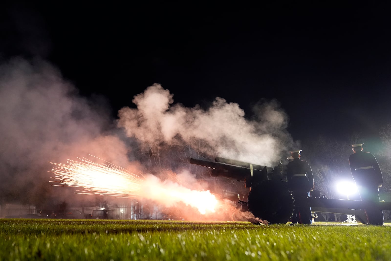 Members of the military fire cannons as part of a 21-gun salute at the internment ceremony at the Carter residence for former President Jimmy Carter in Plains, Ga., Thursday, Jan. 9, 2025. (AP Photo/Alex Brandon, Pool)