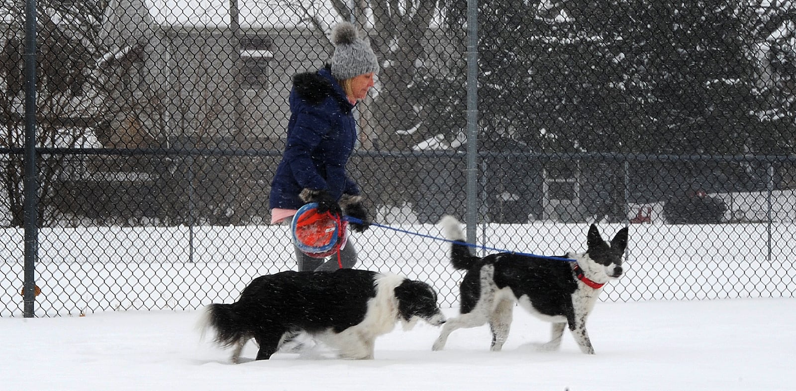 A woman walks her dogs near Shawnee Park in Xenia, on a snowy Wednesday, Feb. 10, 2021. Enjoying fresh weather with friends … maybe even walking a neighbor’s dog are ways to be kind. MARSHALL GORBY\STAFF