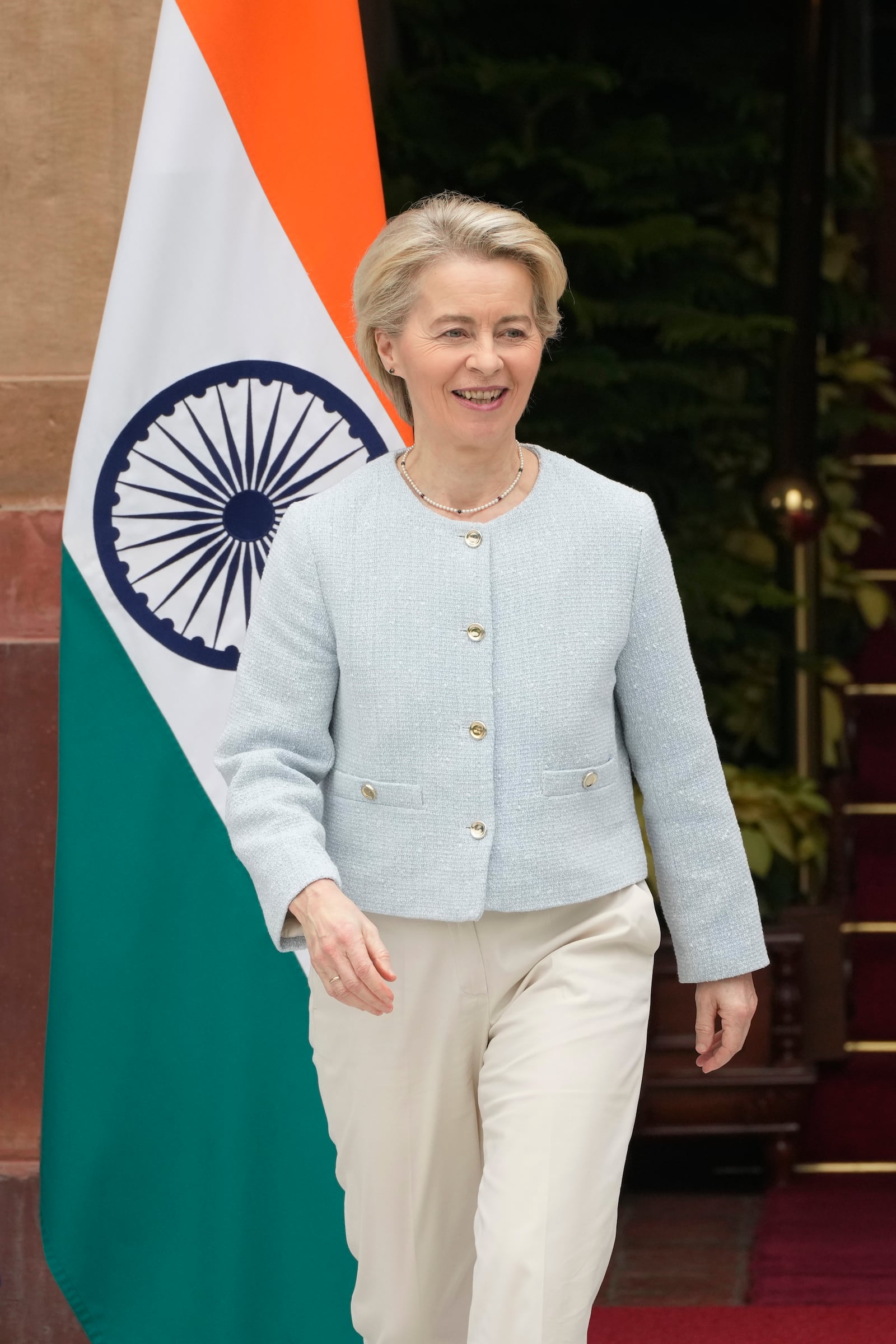 European Commission President Ursula von der Leyen arrives for a meeting with Indian Prime Minister Narendra Modi in New Delhi, India, Friday, Feb. 28, 2025. (AP Photo/Manish Swarup)