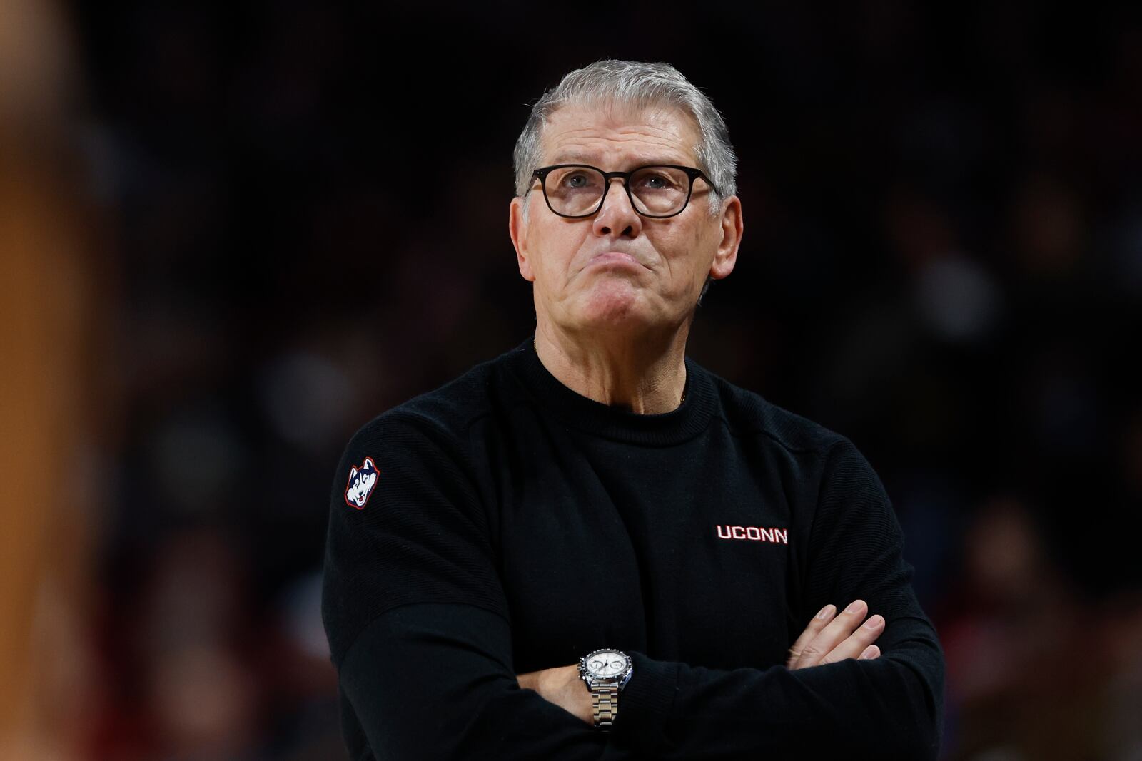 UConn head coach Geno Auriemma watches his team play against South Carolina during the first half of an NCAA college basketball game in Columbia, S.C., Sunday, Feb. 16, 2025. (AP Photo/Nell Redmond)