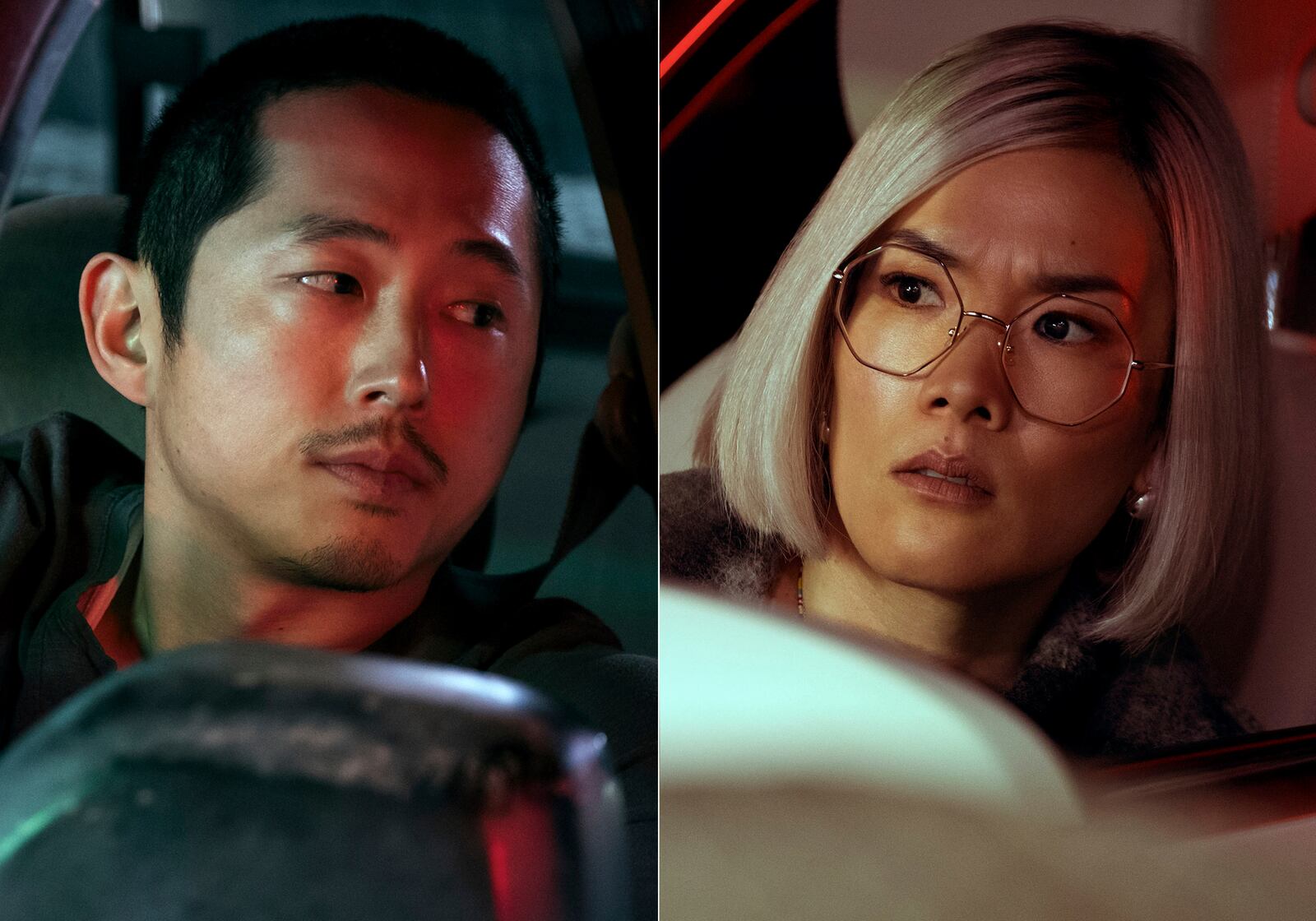 This combination of photos released by Netflix shows Steven Yeun, left, and Ali Wong in scenes from "Beef." (Netflix via AP)