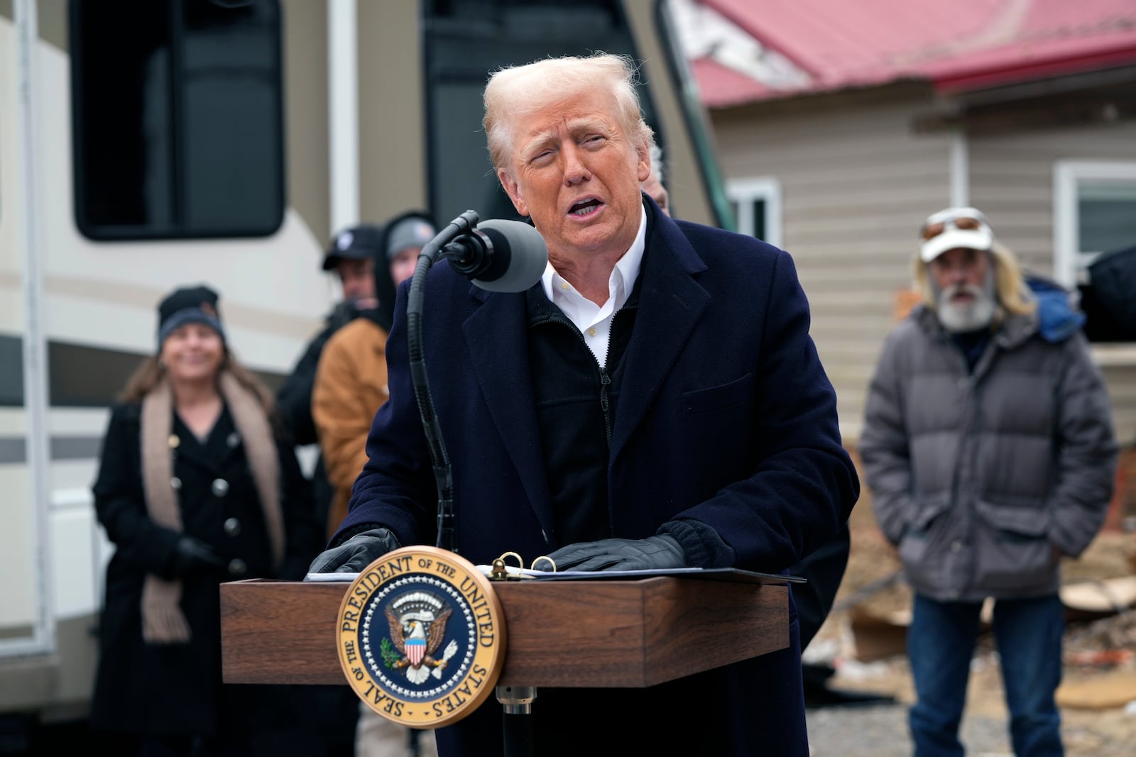 FILE - President Donald Trump speaks as he meets with homeowners affected by Hurricane Helene in Swannanoa, N.C., Jan. 24, 2025. (AP Photo/Mark Schiefelbein, File)