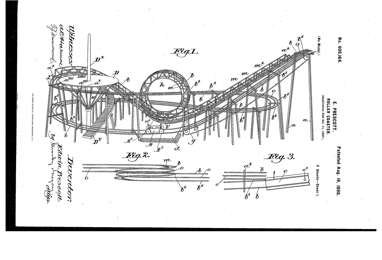 Expired patents for roller coaster designs created in the 19th century. Contributed