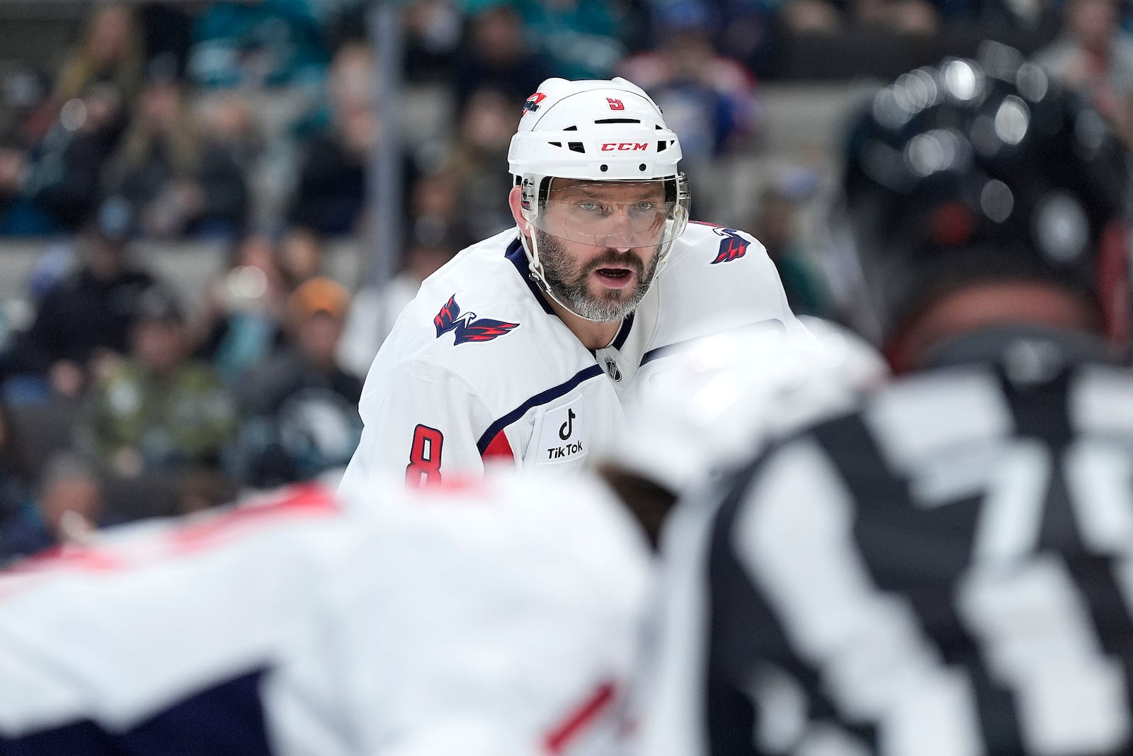 Washington Capitals left wing Alex Ovechkin waits for a face off during the second period against the San Jose Sharks in an NHL hockey game in San Jose, Calif., Saturday, March 15, 2025. (AP Photo/Tony Avelar)