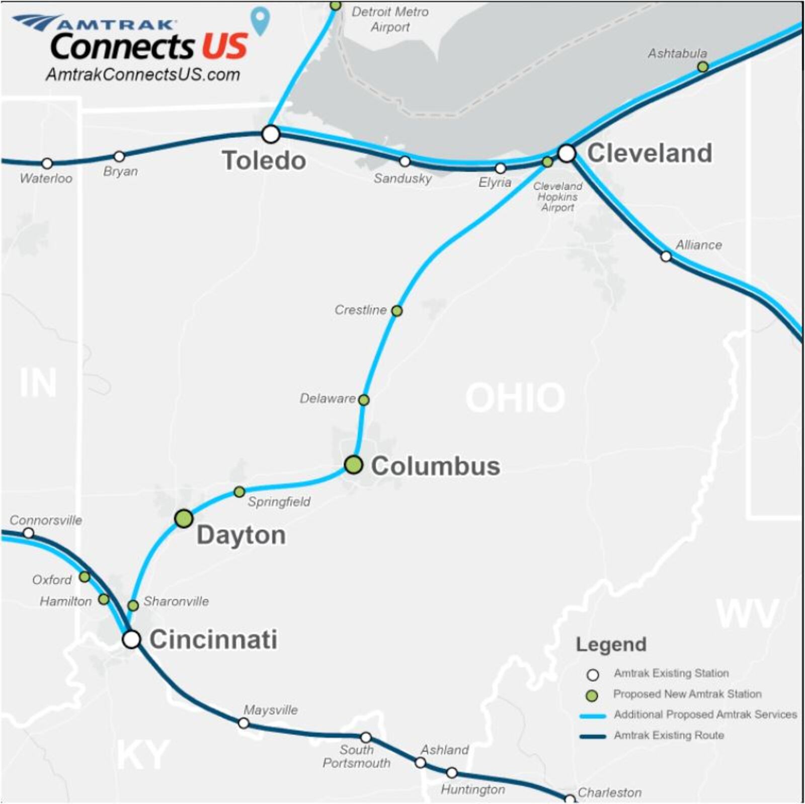 A preliminary Amtrak route map places stations in Hamilton, Oxford and Sharonville, but not in Middletown. PROVIDED