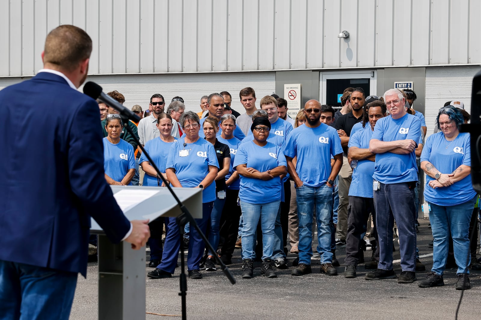 Drew Guthridge, President and CEO of Bilstein of America, speaks as employees and leaders gathered at Hamilton’s thyssenkrupp BILSTEIN Wednesday, June 28, 2023 for a flag ceremony to celebrate receiving Ford Q1 Certification.
Each year, Ford Motor Company awards roughly 100 of its more than 1,400 Tier 1 production suppliers with Q1 certification. This year, Hamilton’s thyssenkrupp BILSTEIN was among the recipients. Three BILSTEIN equipped Ford Broncos were the backdrop for the ceremony. NICK GRAHAM/STAFF