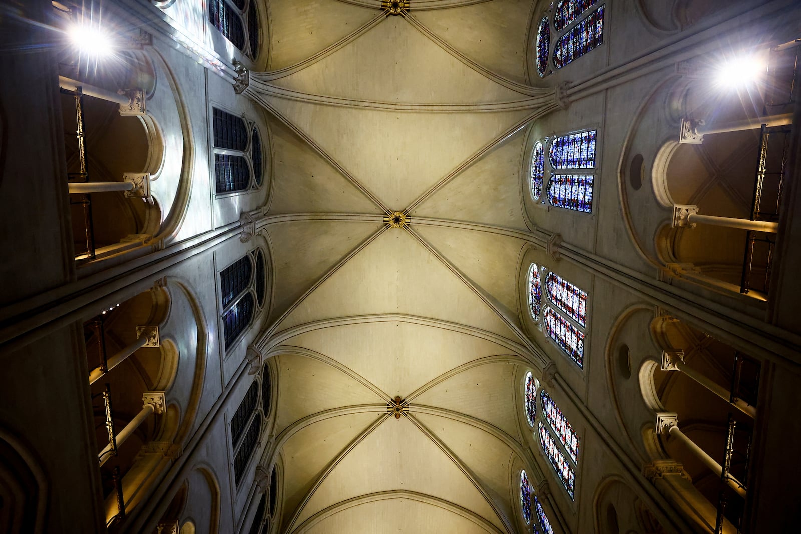 The vaulted ceiling of the Notre-Dame cathedral is seen while French President Emmanuel Macron visits the restored interiors of the monument, Friday, Nov. 29, 2024 in Paris. (Sarah Meyssonnier/Pool via AP)