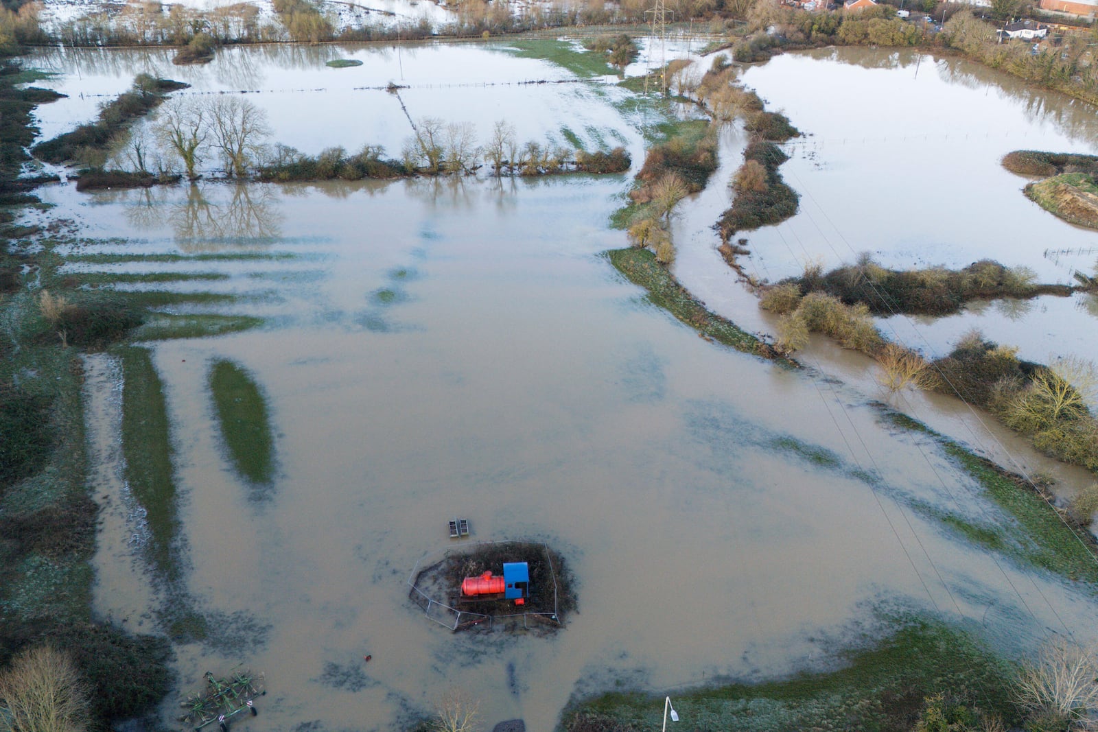 Flooded fields are seen in Glen Parva, Leicester, England, Tuesday, Jan. 7, 2025. (Gareth Fuller/PA via AP)