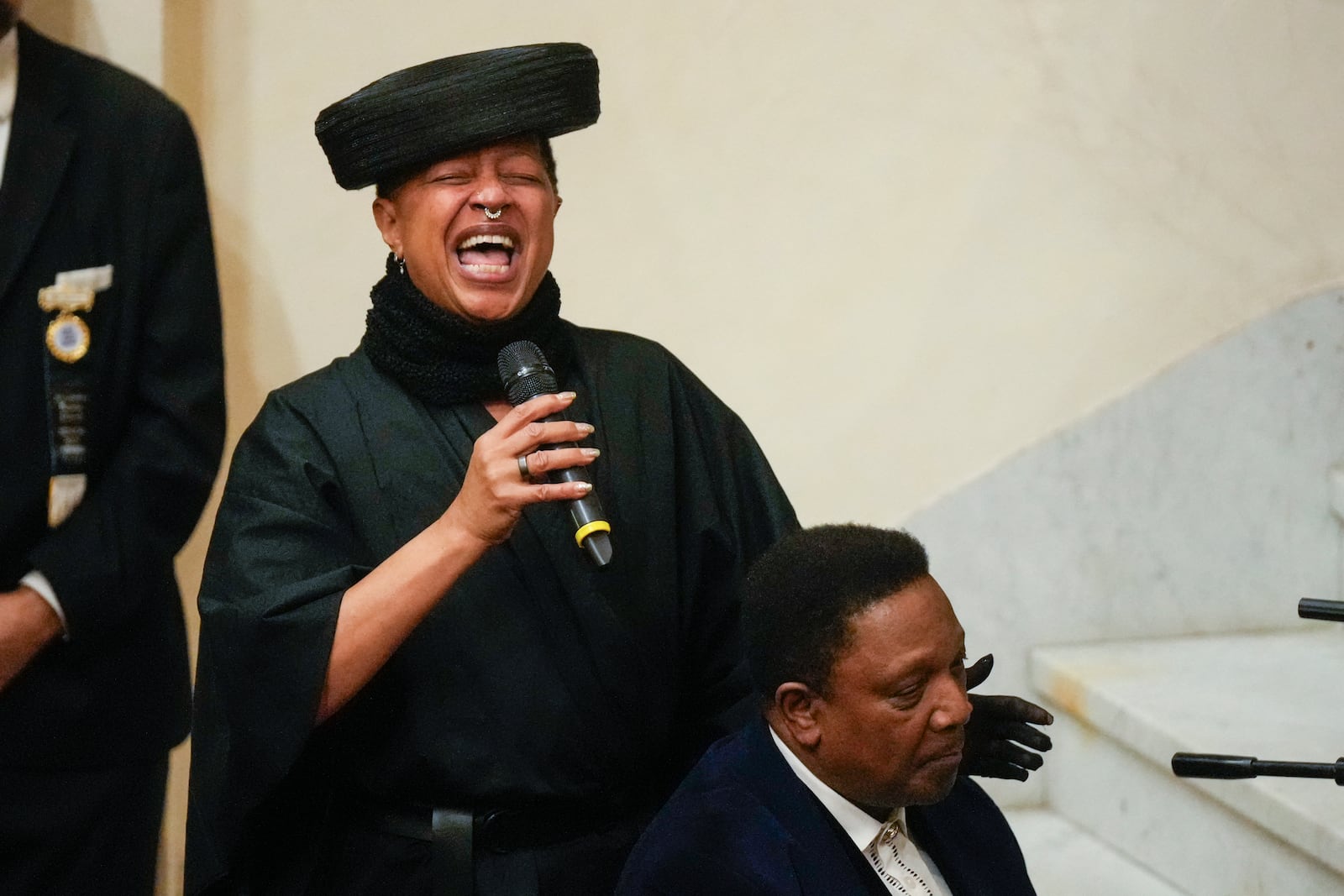 Lisa Fischer, left, and Shelton Becton perform during a ceremony in celebration of Roberta Flack's life at The Abyssinian Baptist Church on Monday, March 10, 2025, in New York. (AP Photo/Richard Drew)