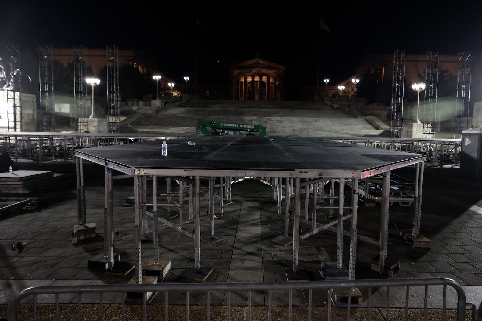 Stage construction has begun, for a Harris/Walz election eve rally, in front of the Art Museum in Philadelphia on Thursday, Oct. 31, 2024. (Elizabeth Robertson/The Philadelphia Inquirer via AP)