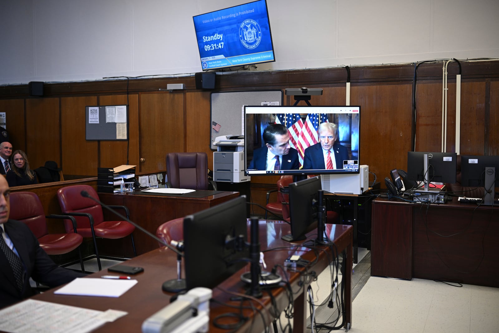 President-elect Donald Trump appears on a video feed for his sentencing for for his hush money conviction in a Manhattan courtroom on Friday, Jan. 10, 2025 in New York. (Curtis Means/Pool Photo via AP)