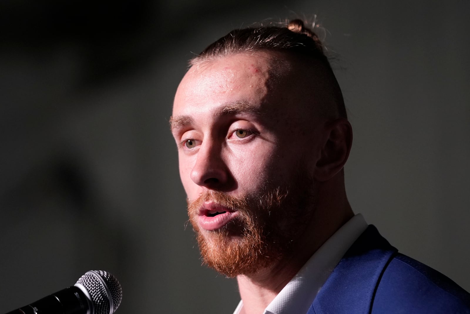 San Francisco 49ers tight end George Kittle talks to media after receiving the Salute to Service award at the NFL Honors award show ahead of the Super Bowl 59 football game, Thursday, Feb. 6, 2025, in New Orleans. (AP Photo/Gerald Herbert)