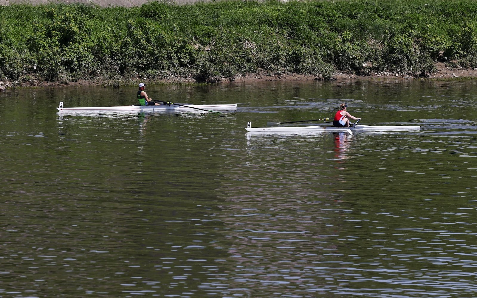 Great Miami Rowing Center held a scrimmage race on the river as visitors stroll through Hamilton Flea, a monthly urban artisan market, Saturday, May 14, 2022 at Marcum Park in Hamilton. NICK GRAHAM/STAFF