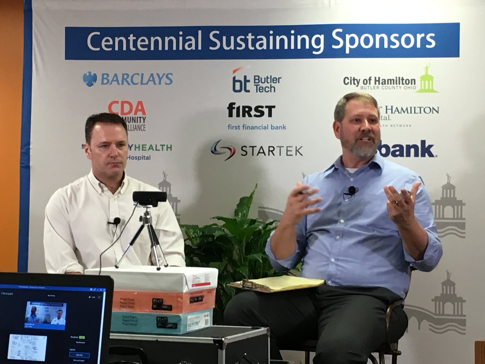 Jim Goodman, an owner of Municipal Brew Works, left, and professional business coach Byron Skaggs engaged in the first-ever “The Conversation” Podcast Tuesday at the Greater Hamilton Chamber of Commerce. MIKE RUTLEDGE/STAFF