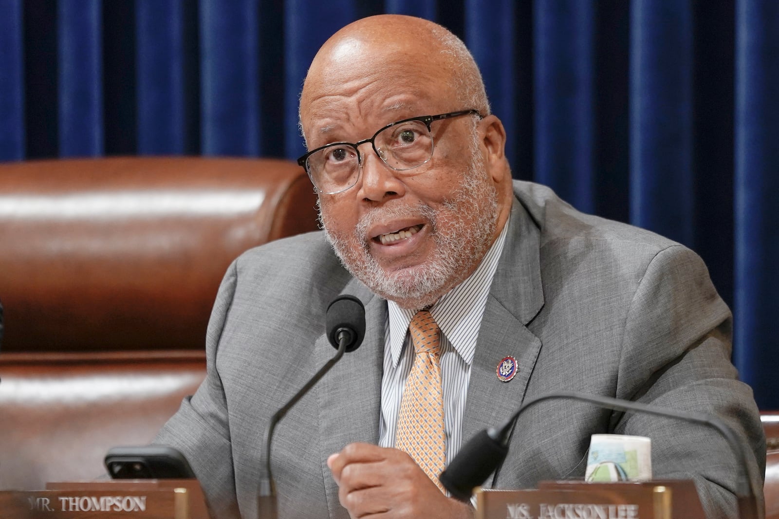 FILE - Rep. Bennie Thompson, D-Miss., talks during a hearing on Capitol Hill, Jan. 10, 2024, in Washington. (AP Photo/Mariam Zuhaib, File)