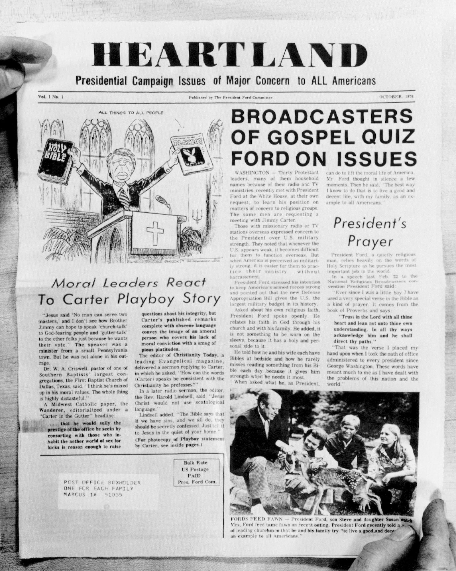 FILE - The front page of a publication mailed to rural Iowans by then-President Gerald Ford's campaign committee is seen on Oct. 26, 1976, in Des Moines, Iowa. The cartoon shows Carter in the pulpit waving the Bible and copy of Playboy magazine. (AP Photo, File)