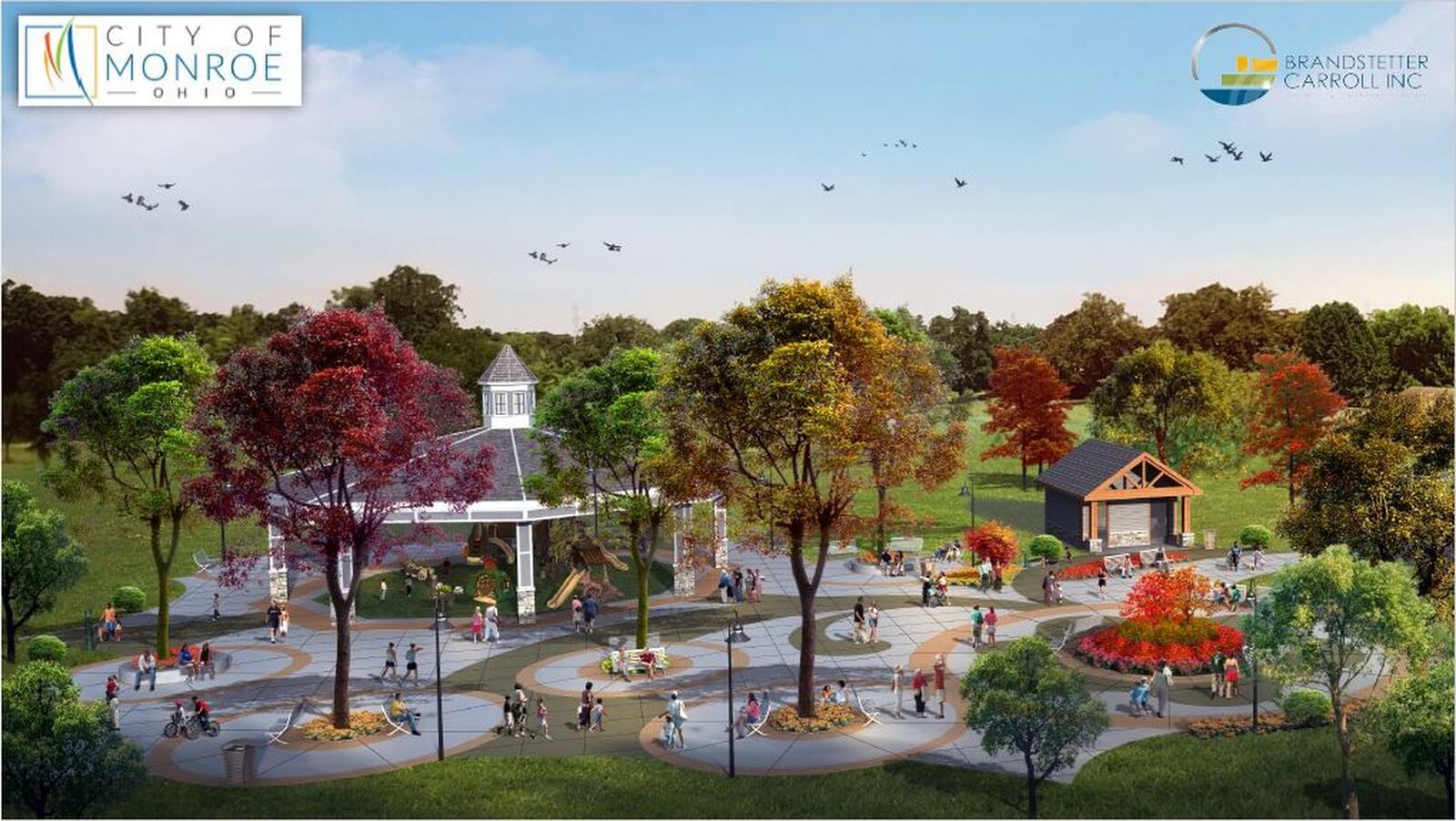 An artist’s rendition of what the first phase of the Monroe Bicentennial Commons Park could look like when completed. Monroe City Council approved the first phase of the project at the former Americana amusement park. CONTRIBUTED/CITY OF MONROE