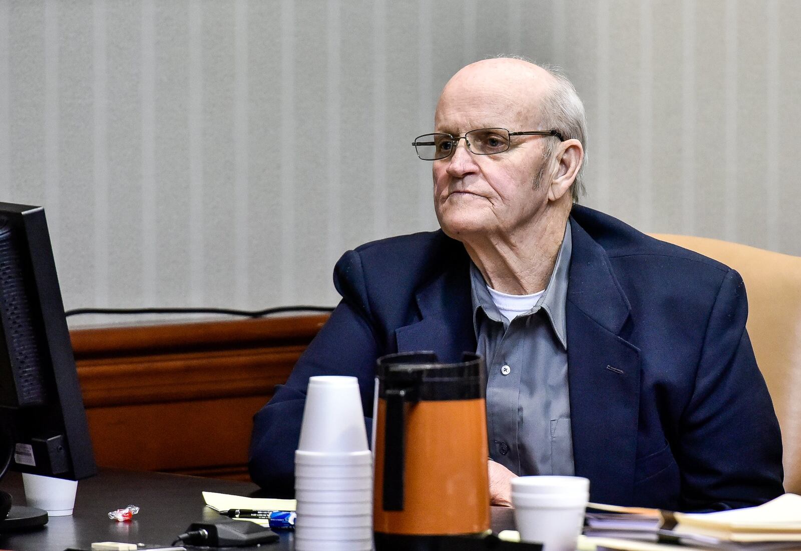 Lester Parker sits during opening statements at his trial in Butler County Common Pleas Court on Tuesday, Nov. 7. Parker and his nephew William Tucker are charged with murder and arson in a December 2015 fire that killed Hamilton firefighter Patrick Wolterman. NICK GRAHAM/STAFF