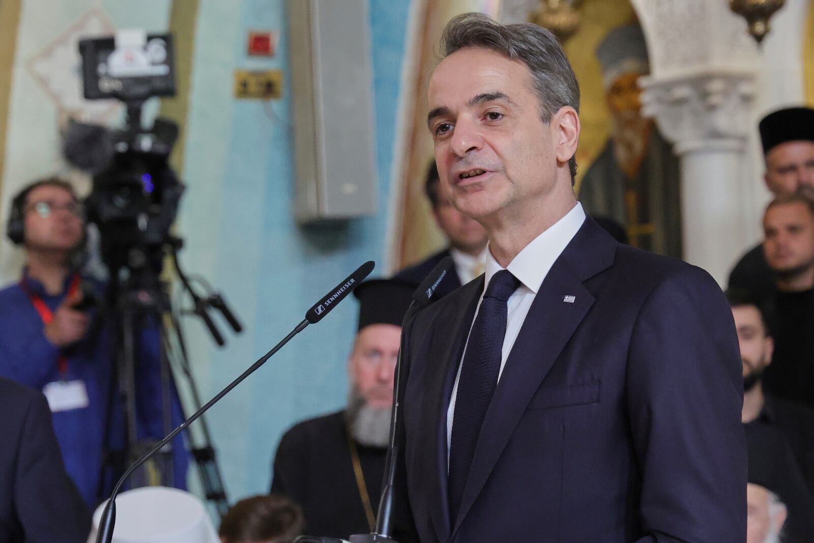 Greece's Prime Minister Kyriakos Mitsotakis, speaks during the funeral of the late Archbishop Anastasios of Tirana, Durres and All Albania, at the Cathedral of the Resurrection of Christ, in Tirana, Albania, Thursday, Jan. 30, 2025. (AP Photo/Vlasov Sulaj)