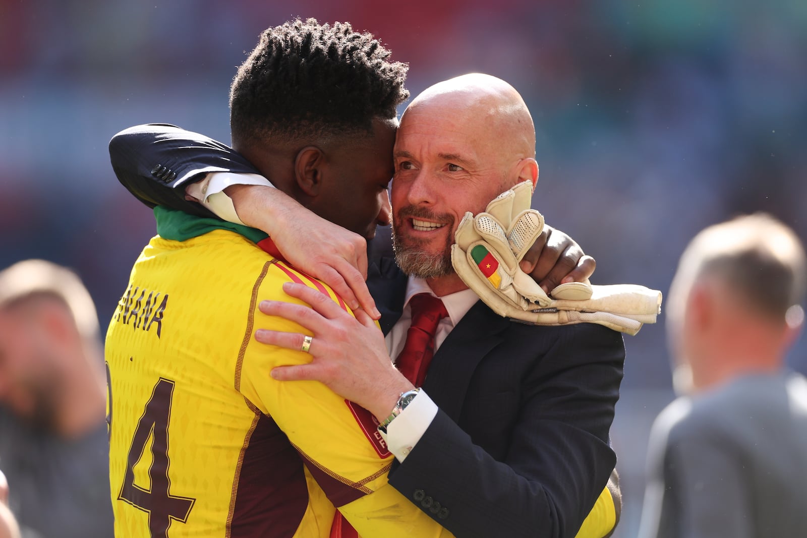 FILE - Manchester United's head coach Erik ten Hag celebrates with Manchester United's goalkeeper Andre Onana after winning the English FA Cup final soccer match between Manchester City and Manchester United at Wembley Stadium in London, Saturday, May 25, 2024. (AP Photo/Ian Walton, File)