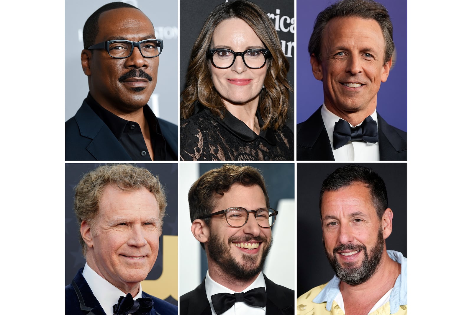 This combination of photos shows, top row from left, Eddie Murphy, Tina Fey, Seth Meyers, bottom row from left, Will Ferrell, Andy Samberg, and Adam Sandler. (AP Photo)