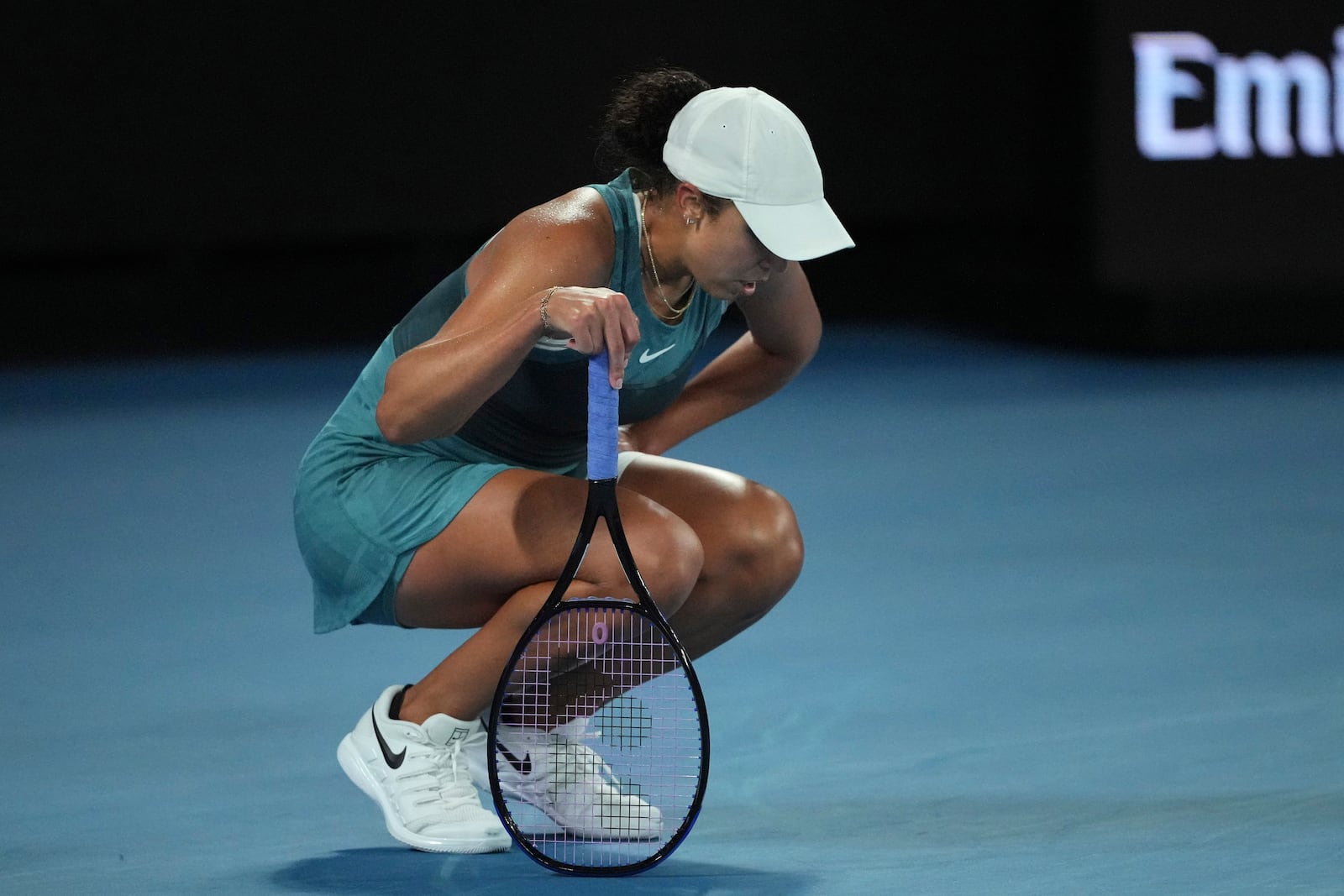 Madison Keys of the U.S. reacts during her women's singles final match against Aryna Sabalenka of Belarus at the Australian Open tennis championship in Melbourne, Australia, Saturday, Jan. 25, 2025. (AP Photo/Vincent Thian)