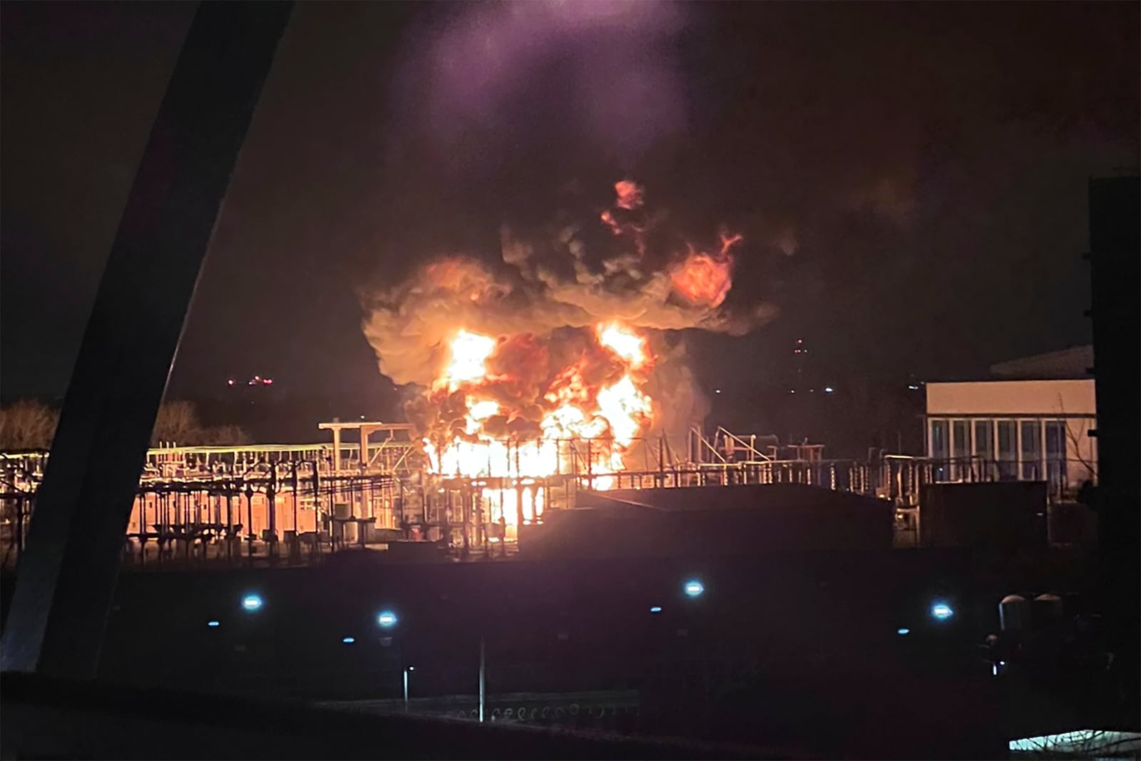 In this photo provided by Matthew Muirhead, a fire is seen at the North Hyde electrical substation near the Heathrow Airport in London, early Friday, March 21, 2025. (Matthew Muirhead via AP)