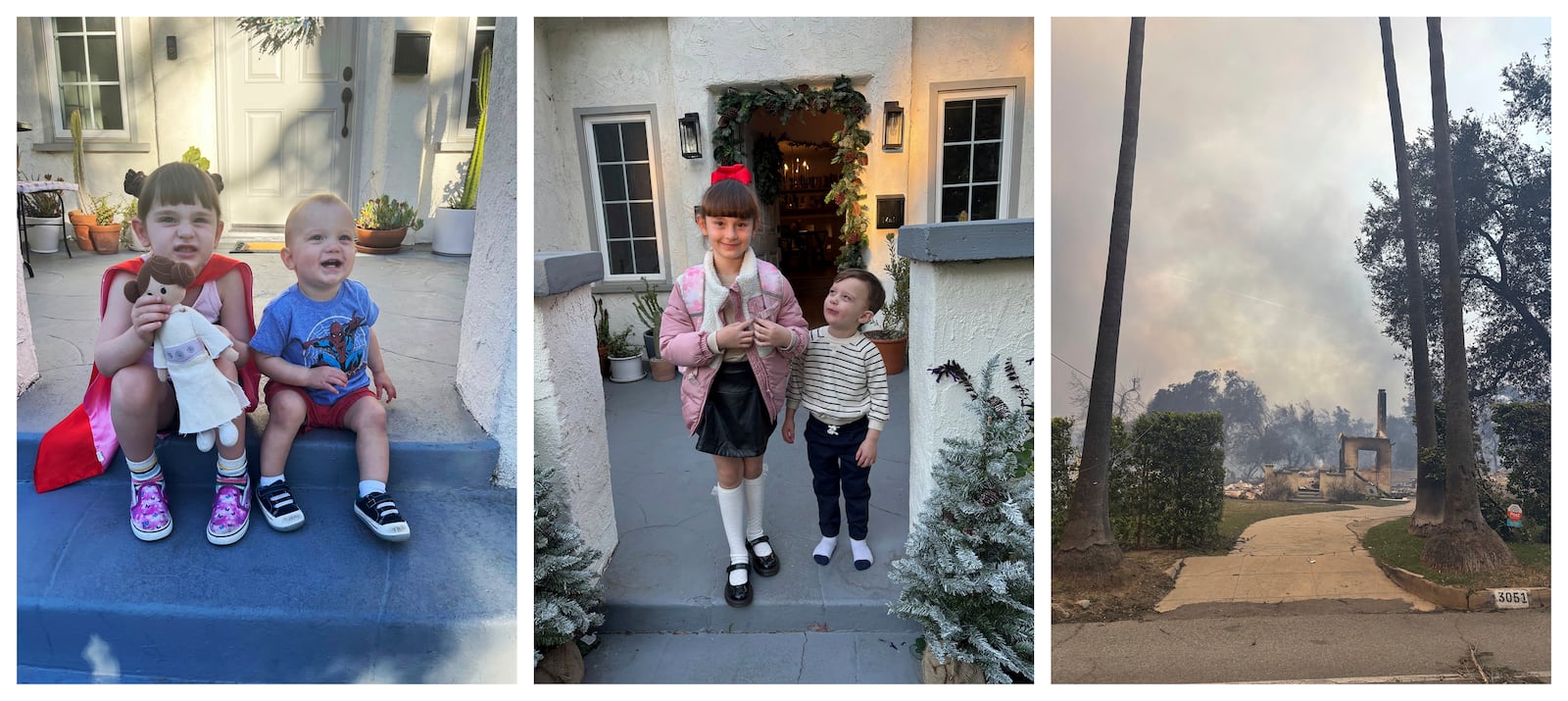 This combination of photos provided by Anna Yaeger shows her daughter and son on the front porch of their Altadena, Calif., home in 2022, in 2024, and damage after wildfires. (Anna Yeager via AP)