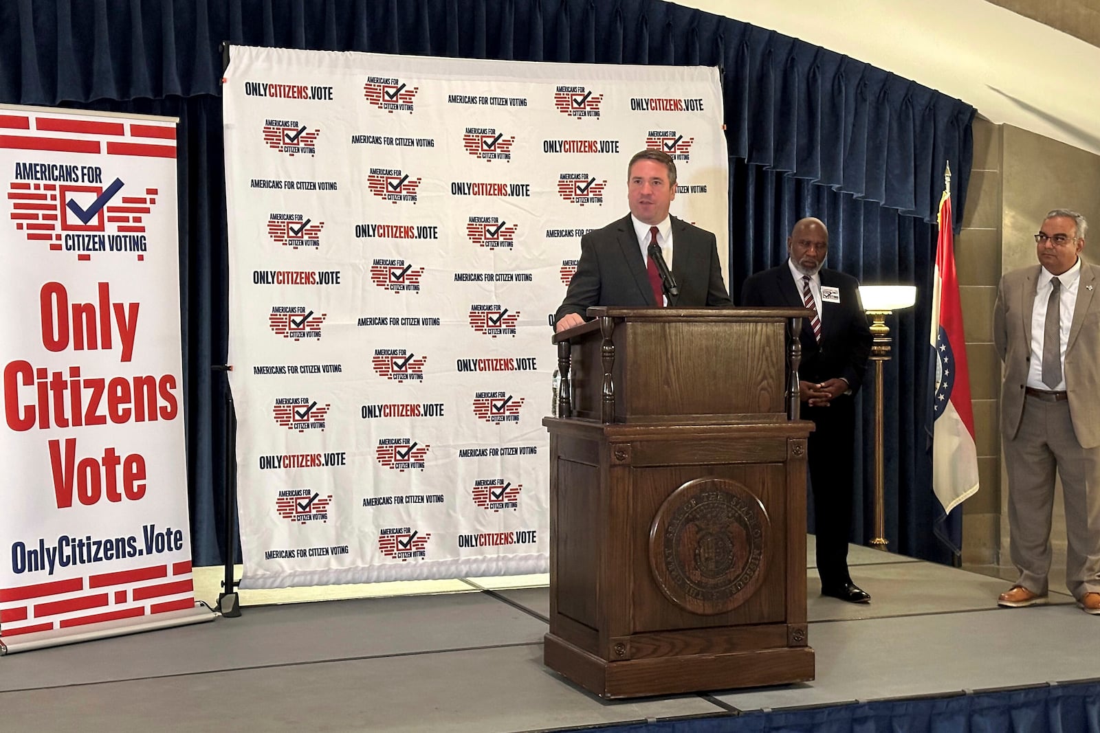 Missouri Attorney General Andrew Bailey speaks in support of a state constitutional amendment limiting voting to only U.S. citizens during a press conference, Oct. 10, 2024, at the state Capitol in Jefferson City, Mo. (AP Photo/David A. Lieb)