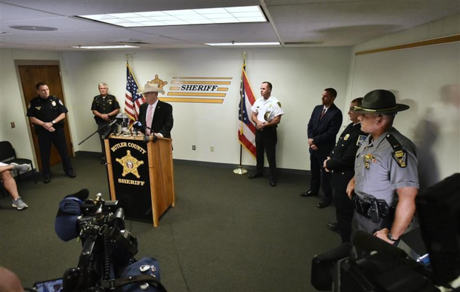 Butler County Sheriff Richard Jones holds a press conference along with Hamilton Police Chief Craig Bucheit and Middletown Police Chief David Birk concerning an officer involved shooting on Monday