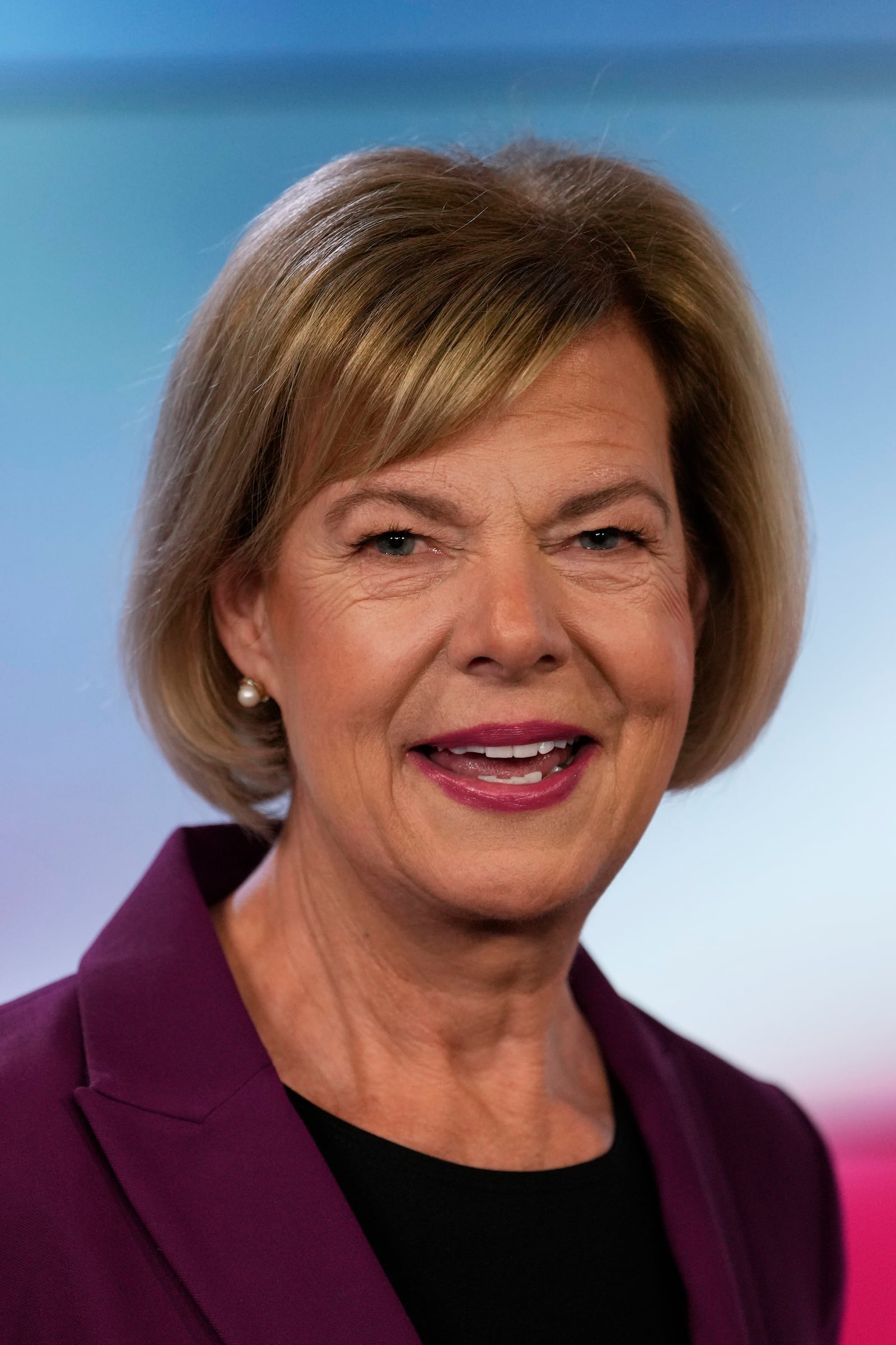 Wisconsin Democratic U.S. Sen. Tammy Baldwin is seen before a televised debate Friday, Oct. 18, 2024, in Madison, Wis. (AP Photo/Morry Gash)