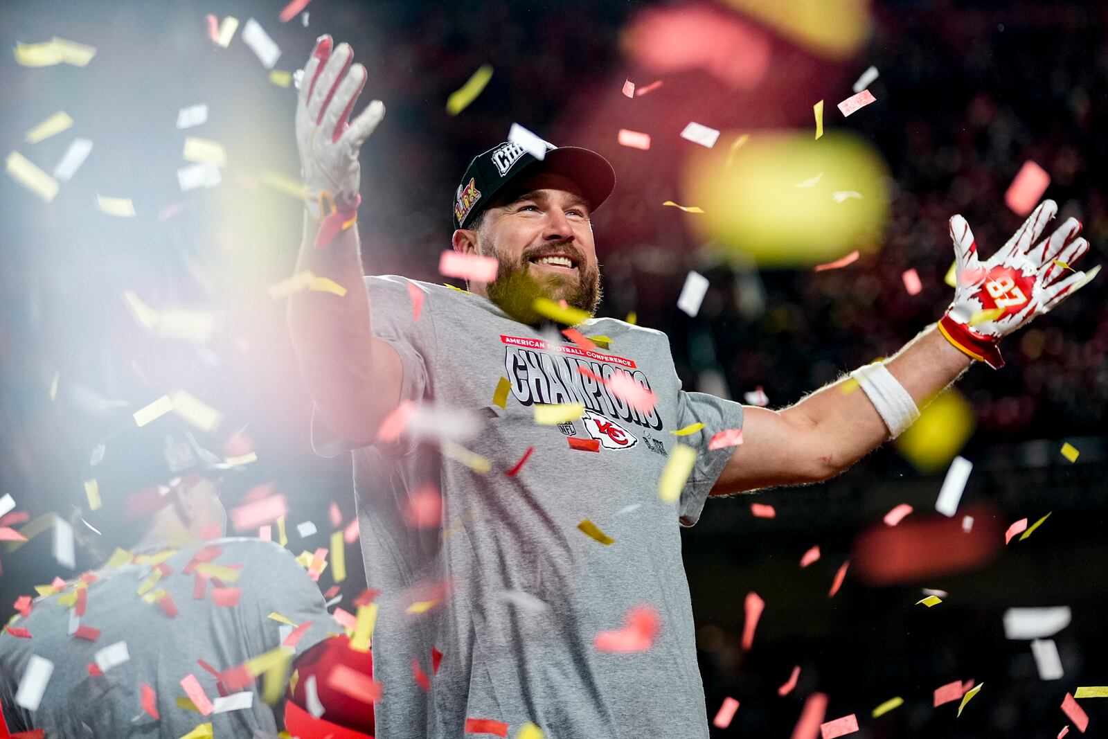 Kansas City Chiefs tight end Travis Kelce (87) celebrates after the AFC Championship NFL football game against the Buffalo Bills, Sunday, Jan. 26, 2025, in Kansas City, Mo. (AP Photo/Ashley Landis)