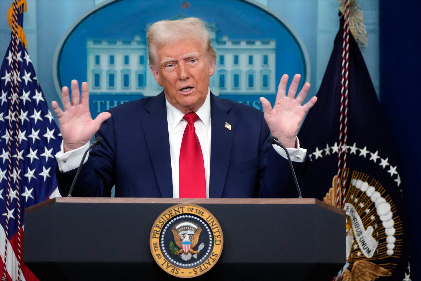 President Donald Trump speaks in the James Brady Press Briefing Room at the White House, Thursday, Jan. 30, 2025, in Washington. (AP Photo/Alex Brandon)