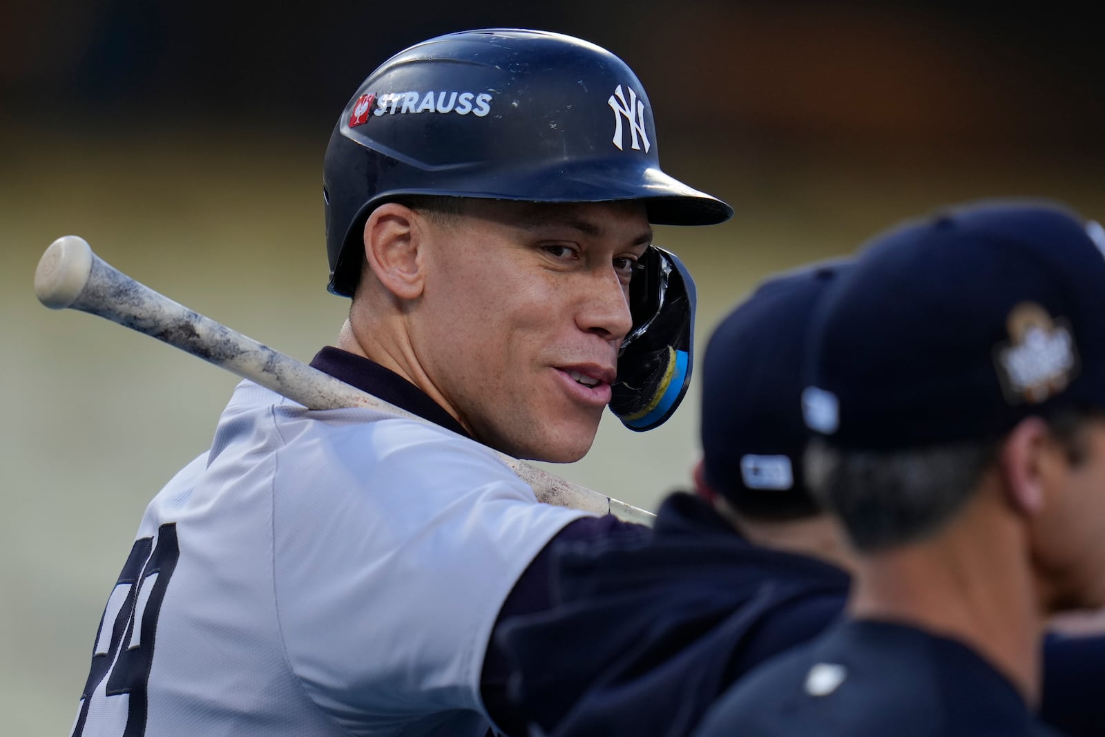 New York Yankees' Aaron Judge watches batting practice during media day for the baseball World Series against the Los Angeles Dodgers, Thursday, Oct. 24, 2024, in Los Angeles. (AP Photo/Julio Cortez)